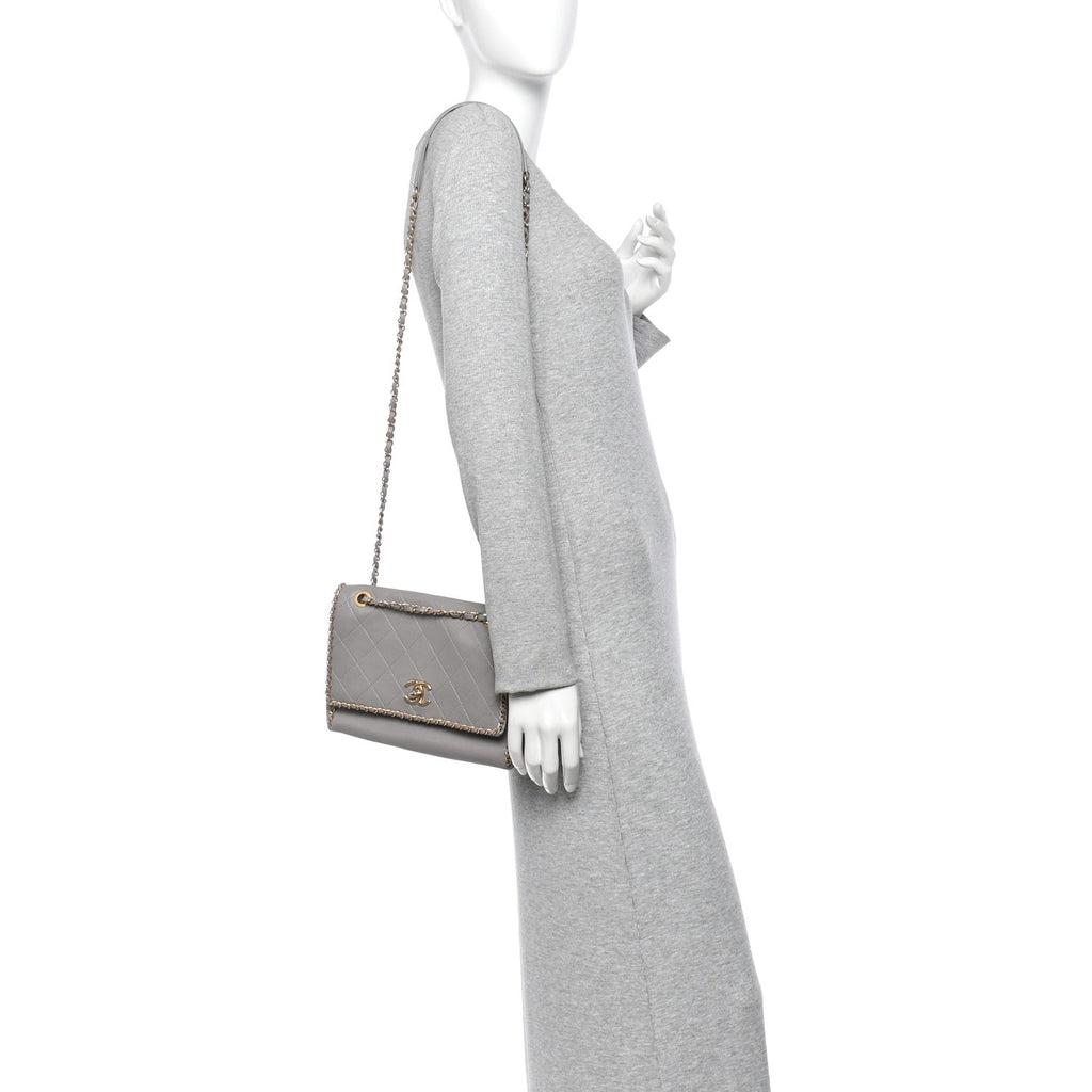 Calfskin Stitched Chain Flap Grey