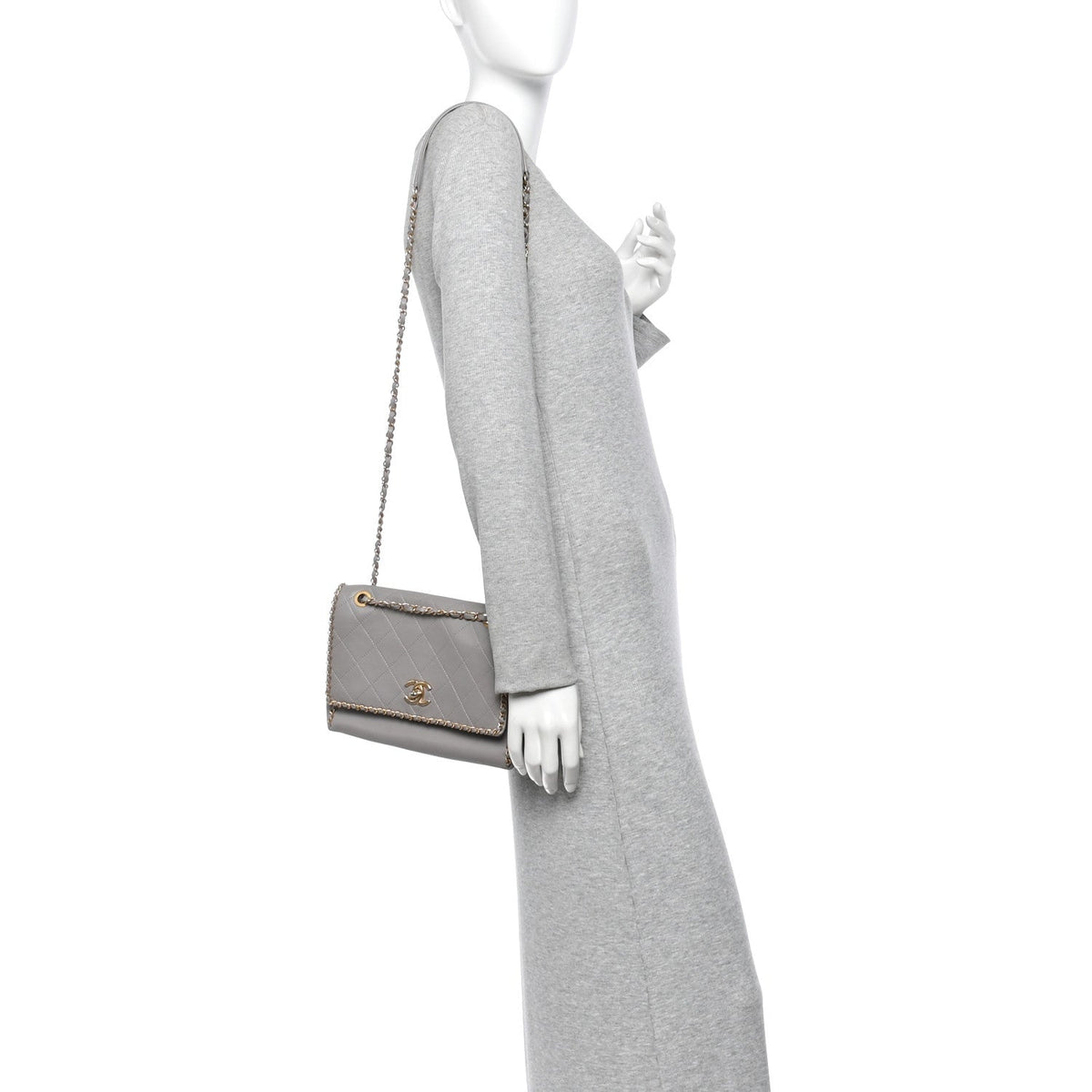 Calfskin Stitched Chain Flap Grey