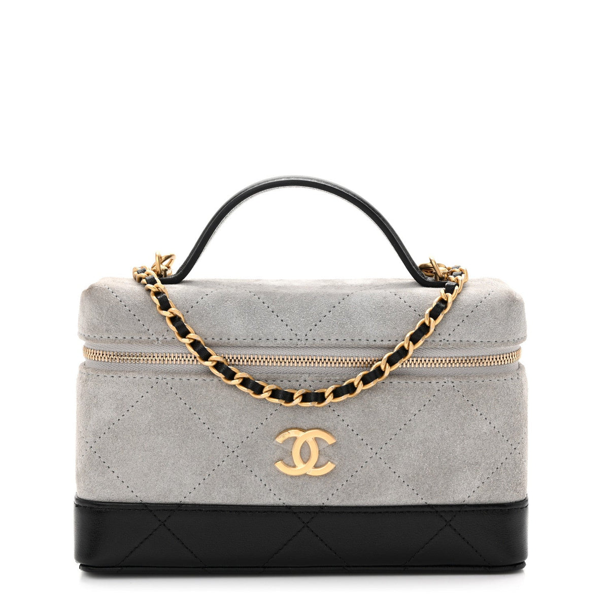 Suede Calfskin Shiny Lambskin Quilted Top Handle Slim Vanity Case With Chain Grey Black Grey Black