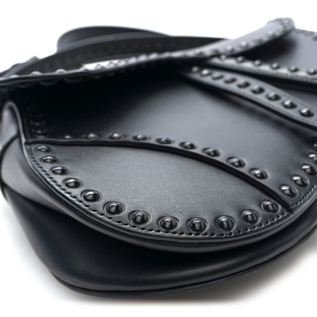 Calfskin Studded Saddle Bag With Strap Black