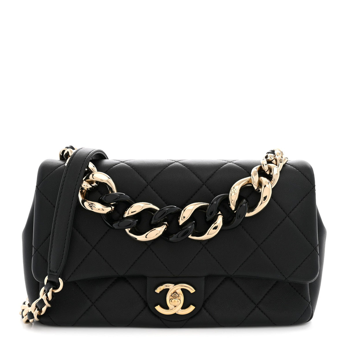 Lambskin Quilted Resin Bi-Color Chain Flap Bag Black