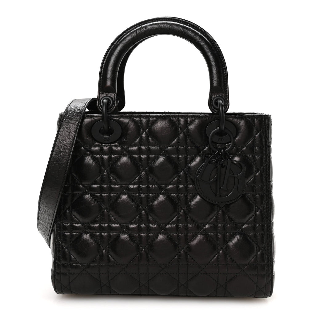 Crinkled Calfskin Cannage Medium Lady Dior Black