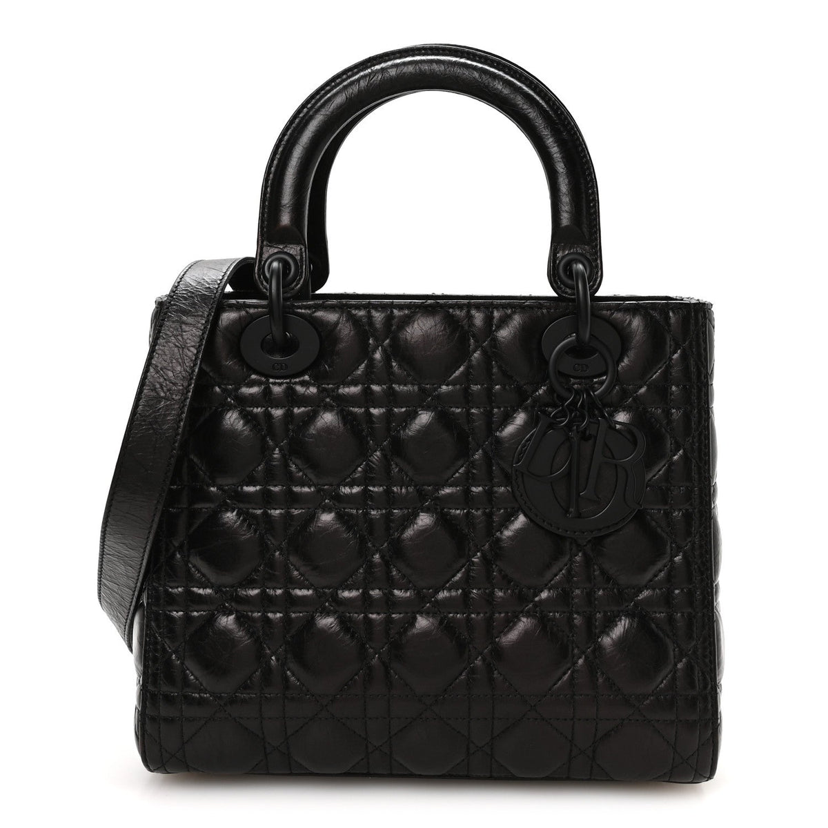 Crinkled Calfskin Cannage Medium Lady Dior Black
