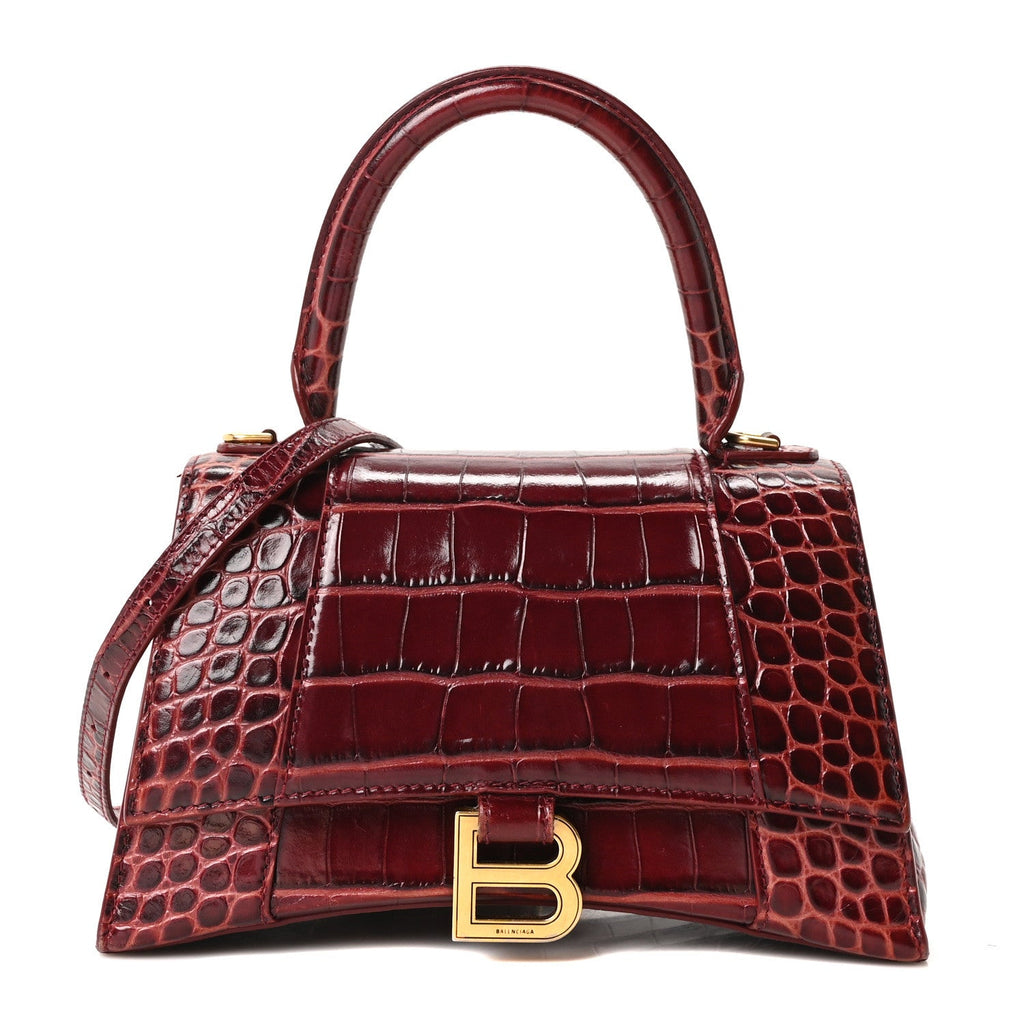 Shiny Calfskin Crocodile Embossed Small Hourglass Top Handle Bag Dark Red