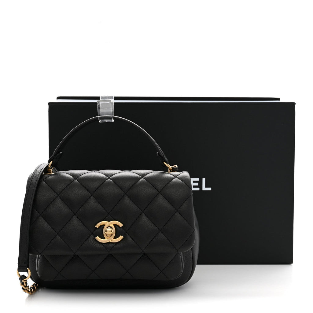 Calfskin Quilted Top Handle Flap Black