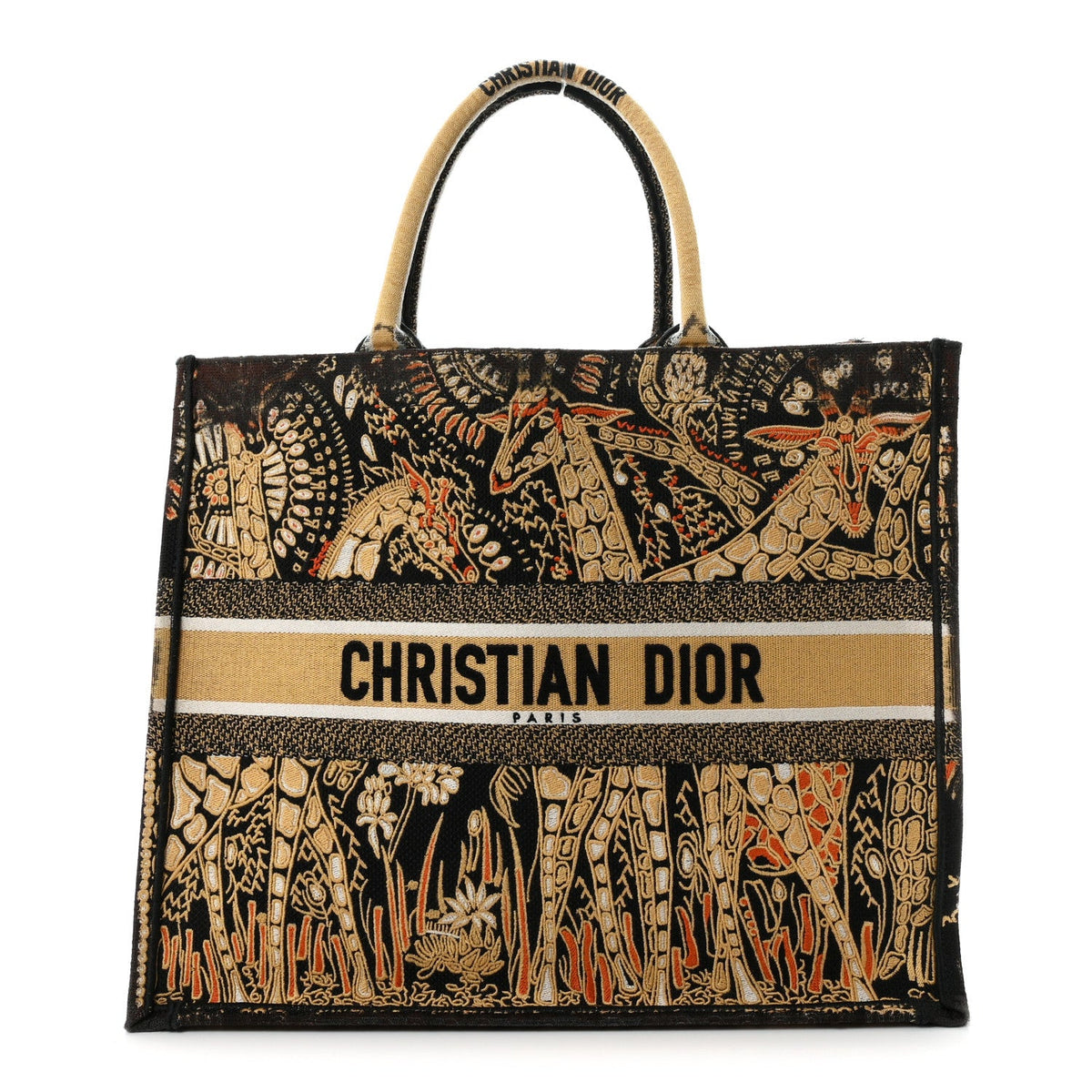 Canvas Embroidered Dior Animals Giraffe Book Tote Yellow Multicolor