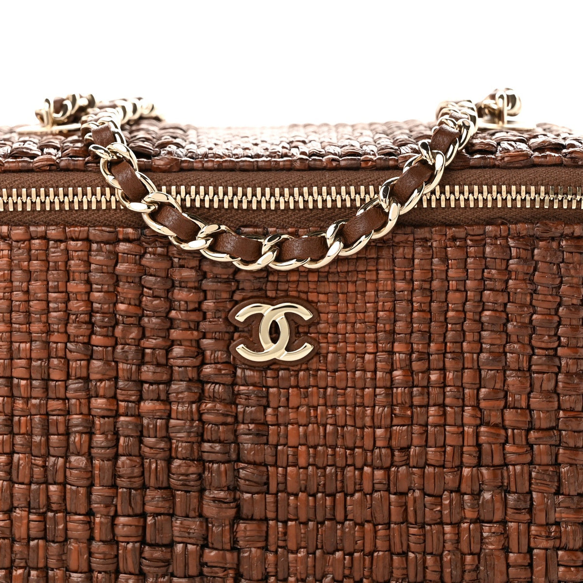 Braided Raffia Vanity Case With Chain Brown