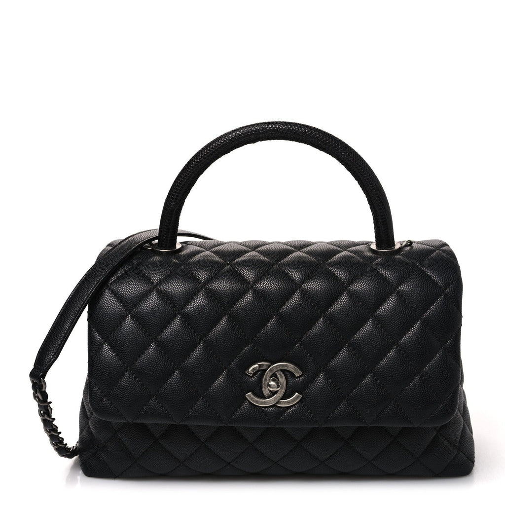 Caviar Lizard Embossed Quilted Small Coco Handle Flap Black