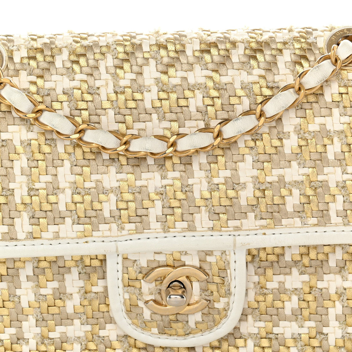 Metallic Lambskin Viscose Woven Flap Gold White