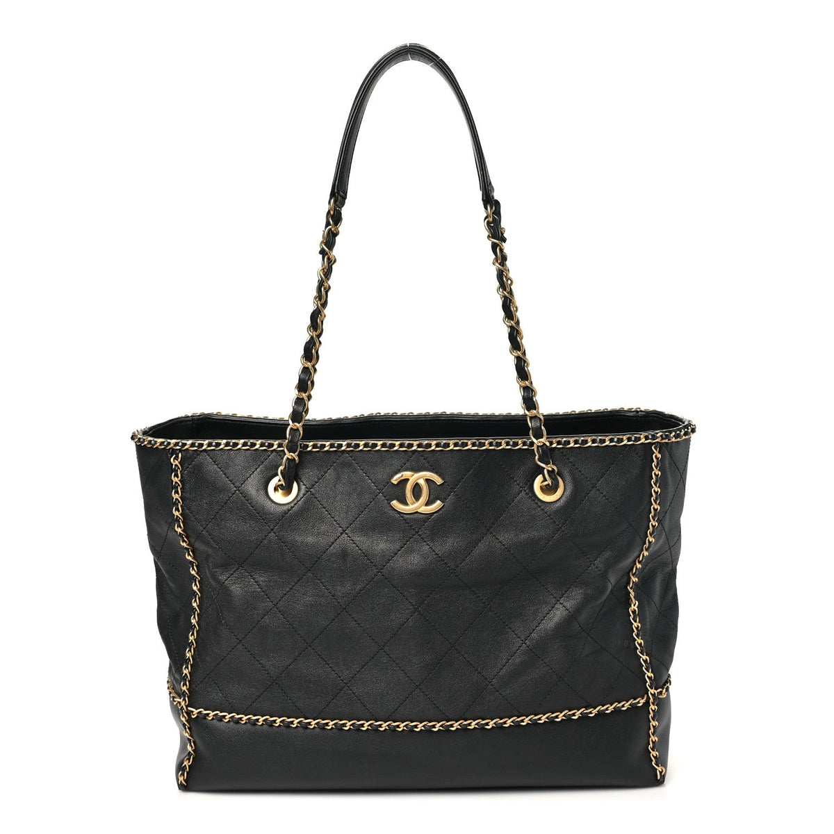 Calfskin Quilted Chain Lines Shopping Tote Black