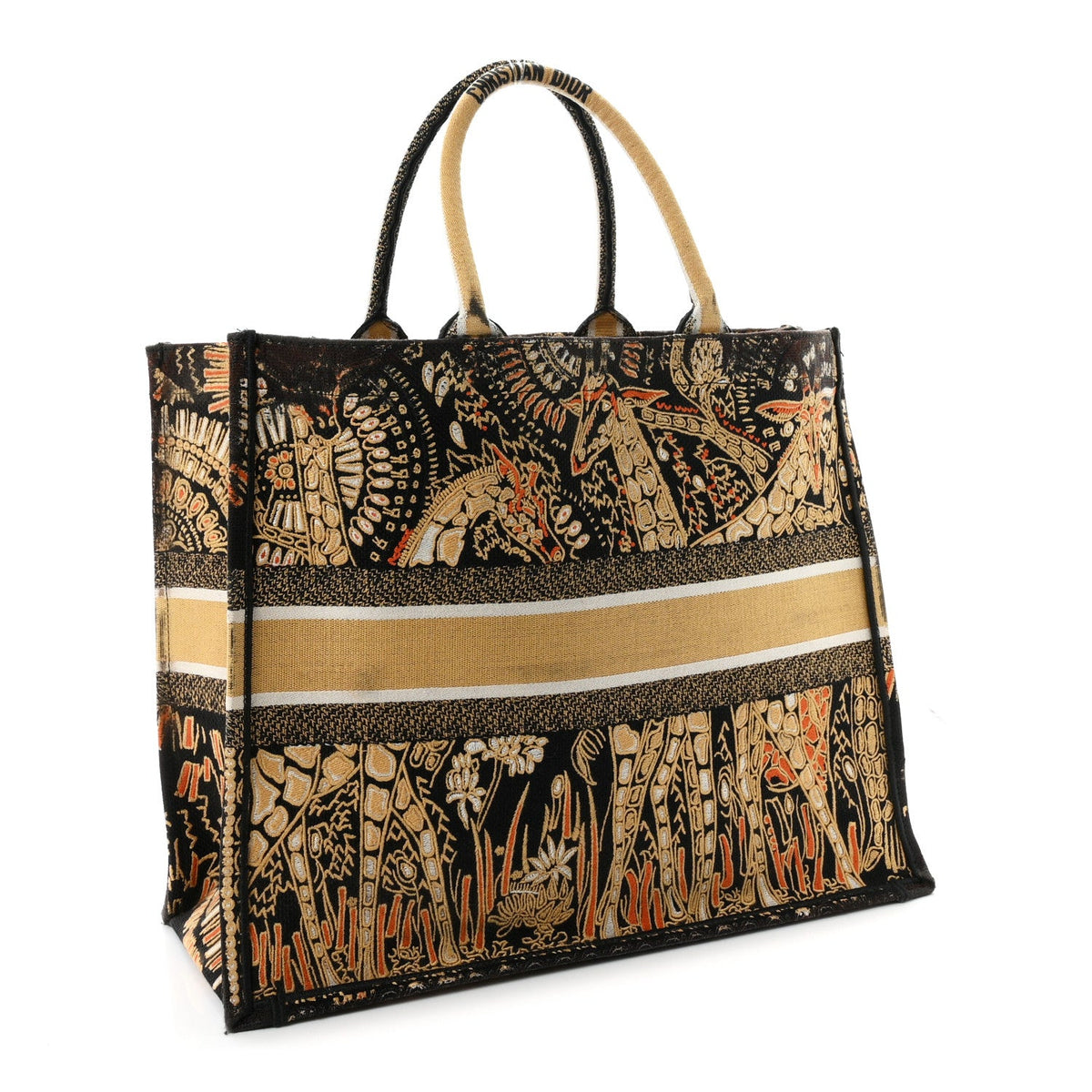 Canvas Embroidered Dior Animals Giraffe Book Tote Yellow Multicolor