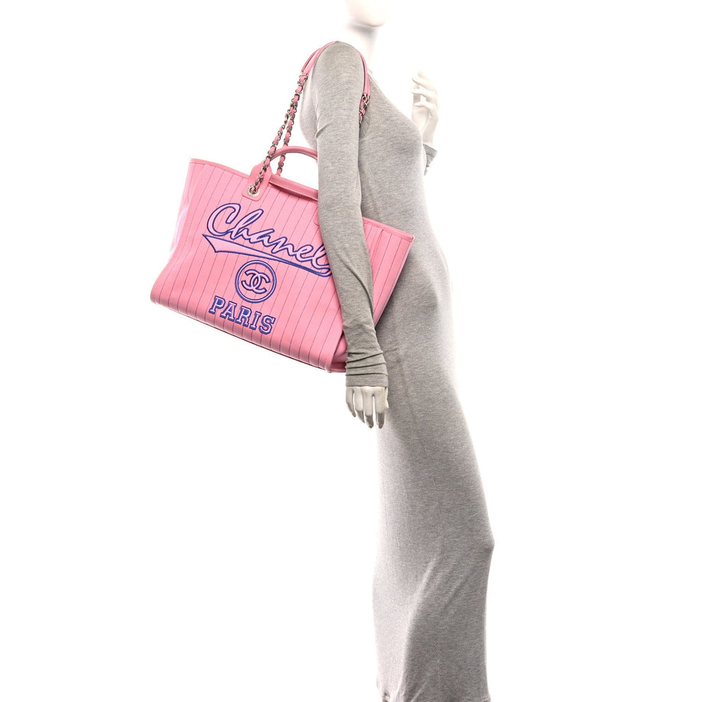 Canvas Calfskin Striped Large Deauville Tote Pink Blue