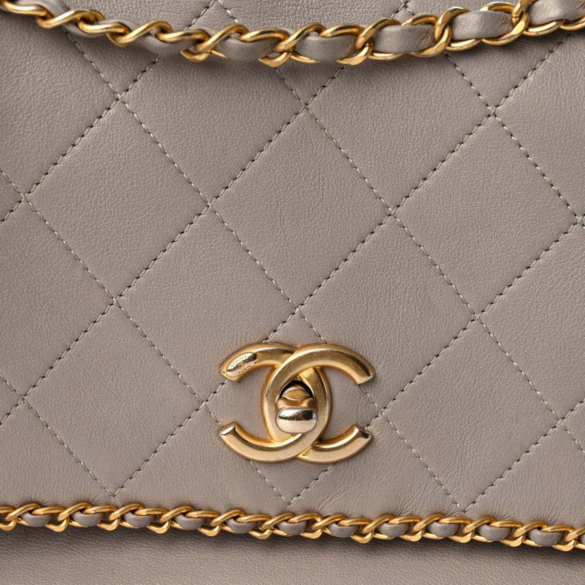 Calfskin Stitched Chain Flap Grey