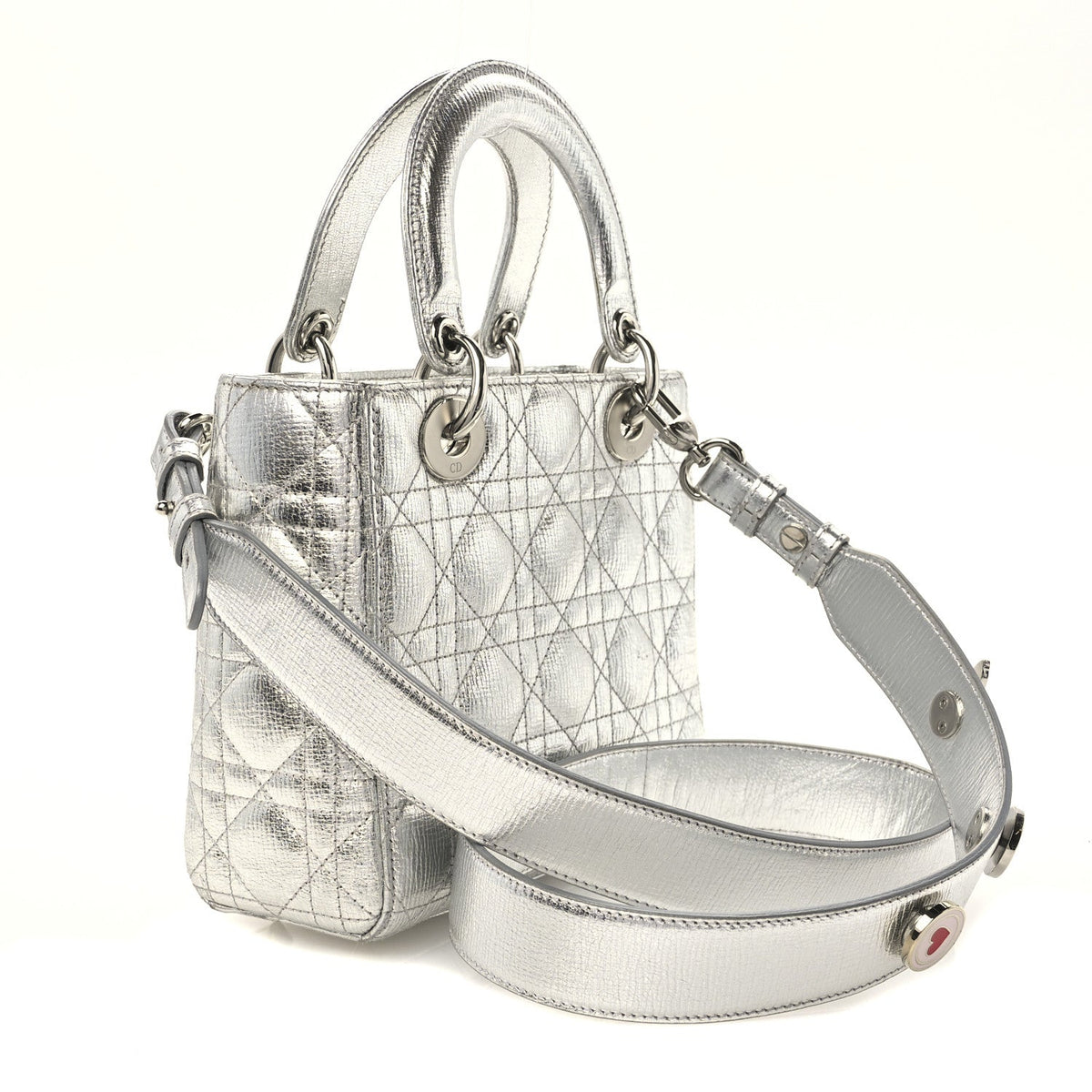 Metallic Grained Calfskin Cannage Small Lucky Badges My Lady Dior Silver