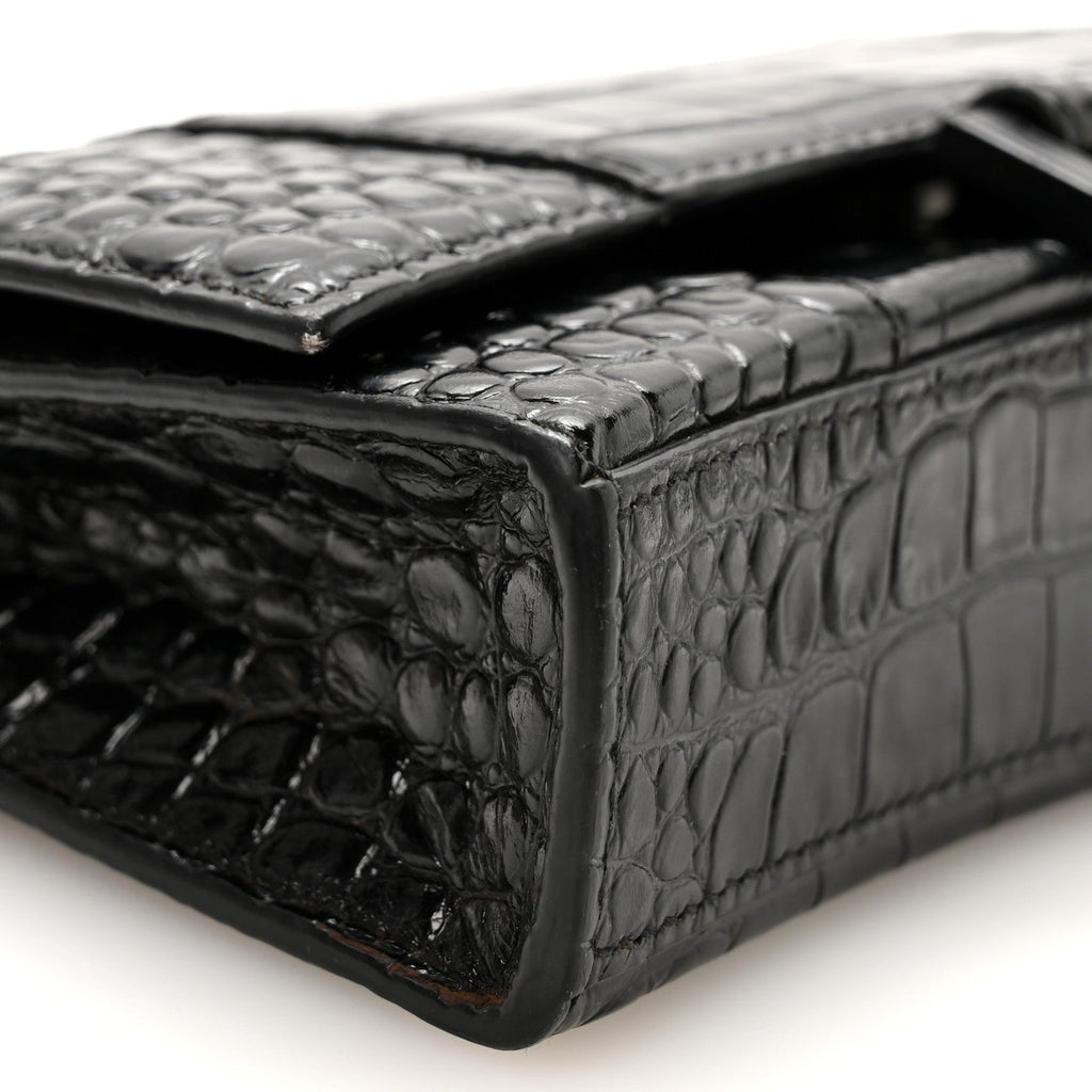 Shiny Calfskin Monochrome Crocodile Embossed Hourglass Chain Bag Black