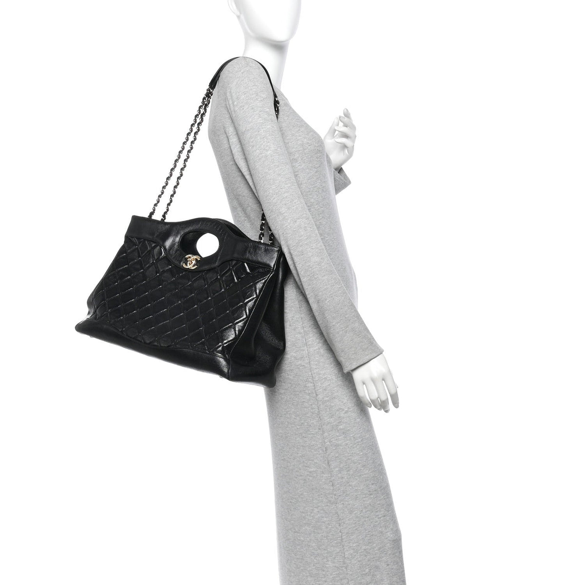 Shiny Lambskin Quilted Large 31 Shopping Bag Black