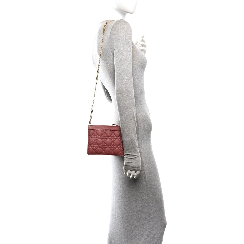 Calfskin Cannage Caro Zipped Pouch With Chain Rust