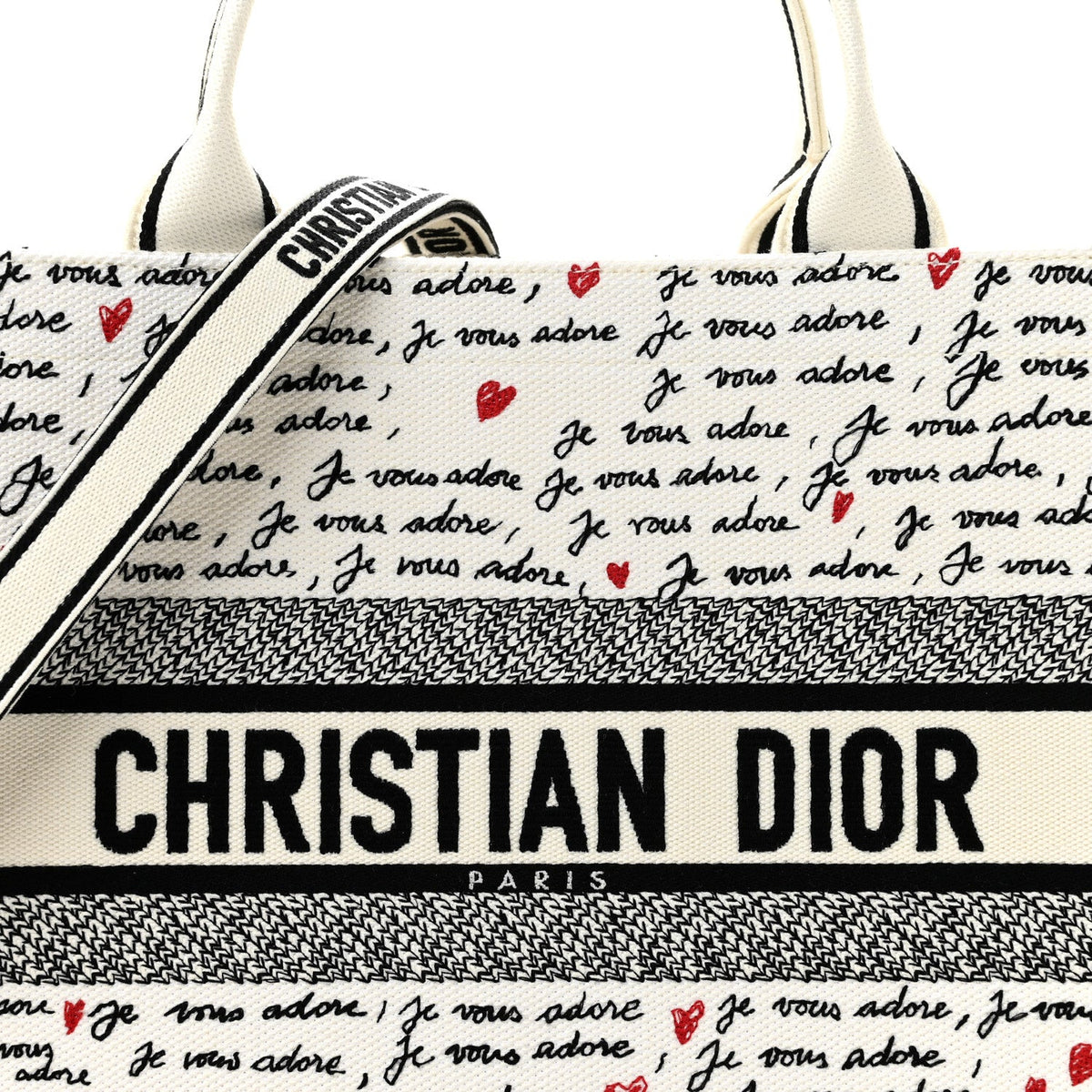 Calfskin Canvas Embroidered Medium Dioramour Je Vous Adore Book Tote With Strap White Black Red