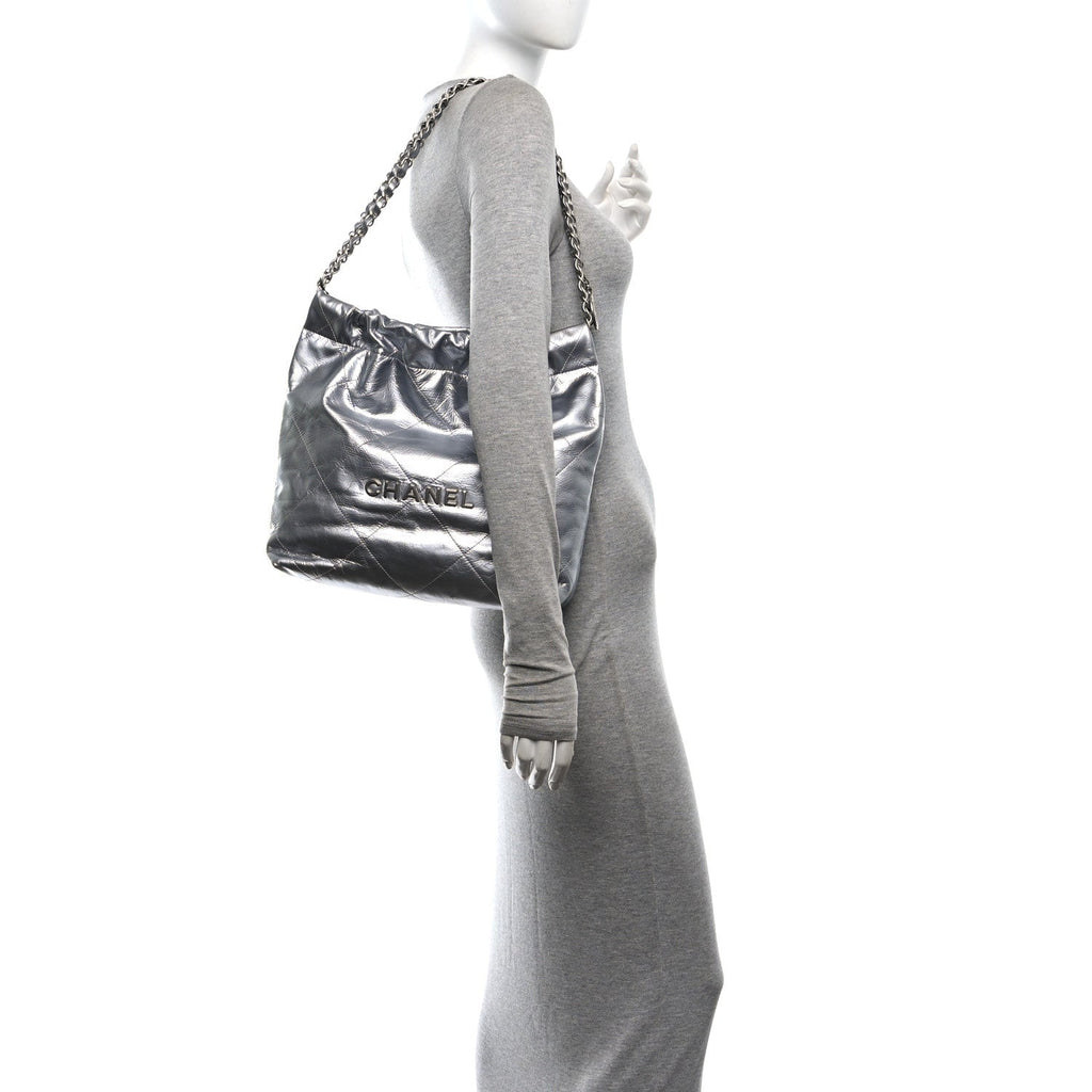 Metallic Calfskin Quilted Small Chanel 22 Silver