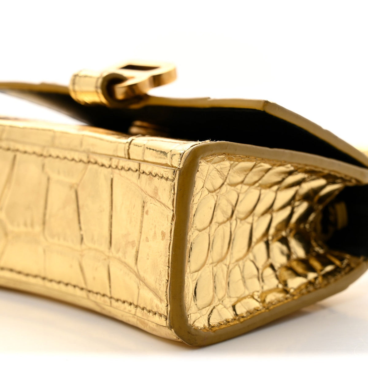 Metallic Calfskin Crocodile Embossed Hourglass Top Handle Bag Mini Gold