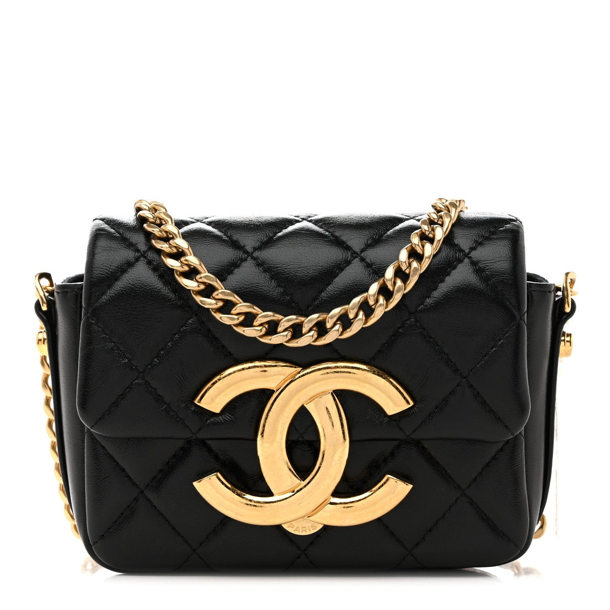 Shiny Crumpled Lambskin Quilted Mini Giant CC Flap Black Black