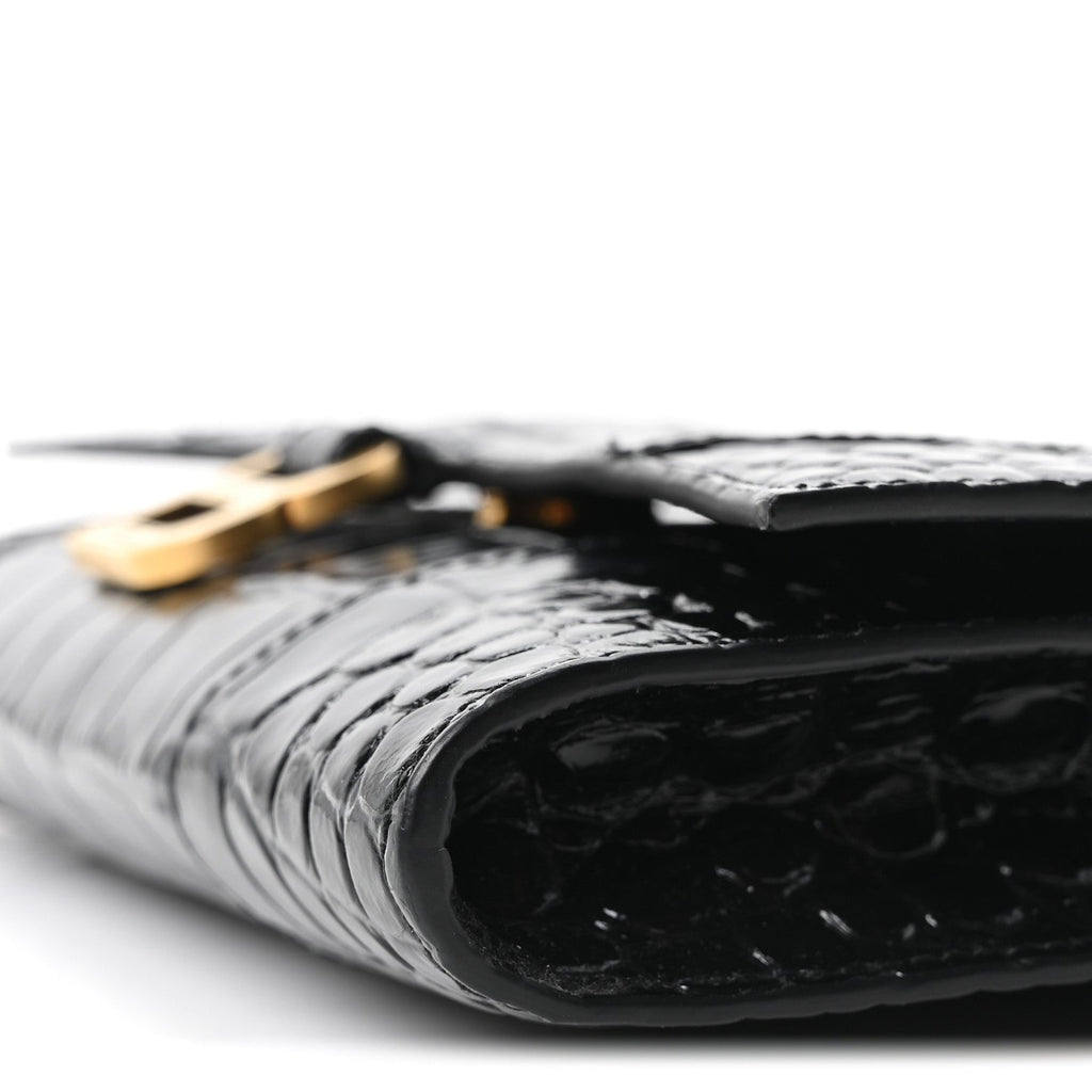 Shiny Calfskin Crocodile Embossed Hourglass Gusset Pouch Black