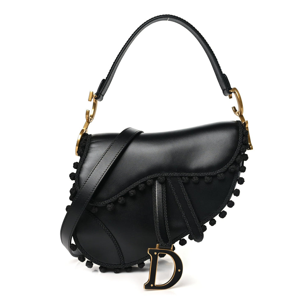 Calfskin Pom Pom Saddle Bag Black