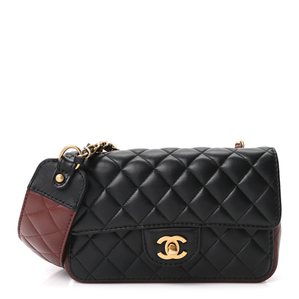 Calfskin Quilted Small Strap Into Flap Bag Black Burgundy