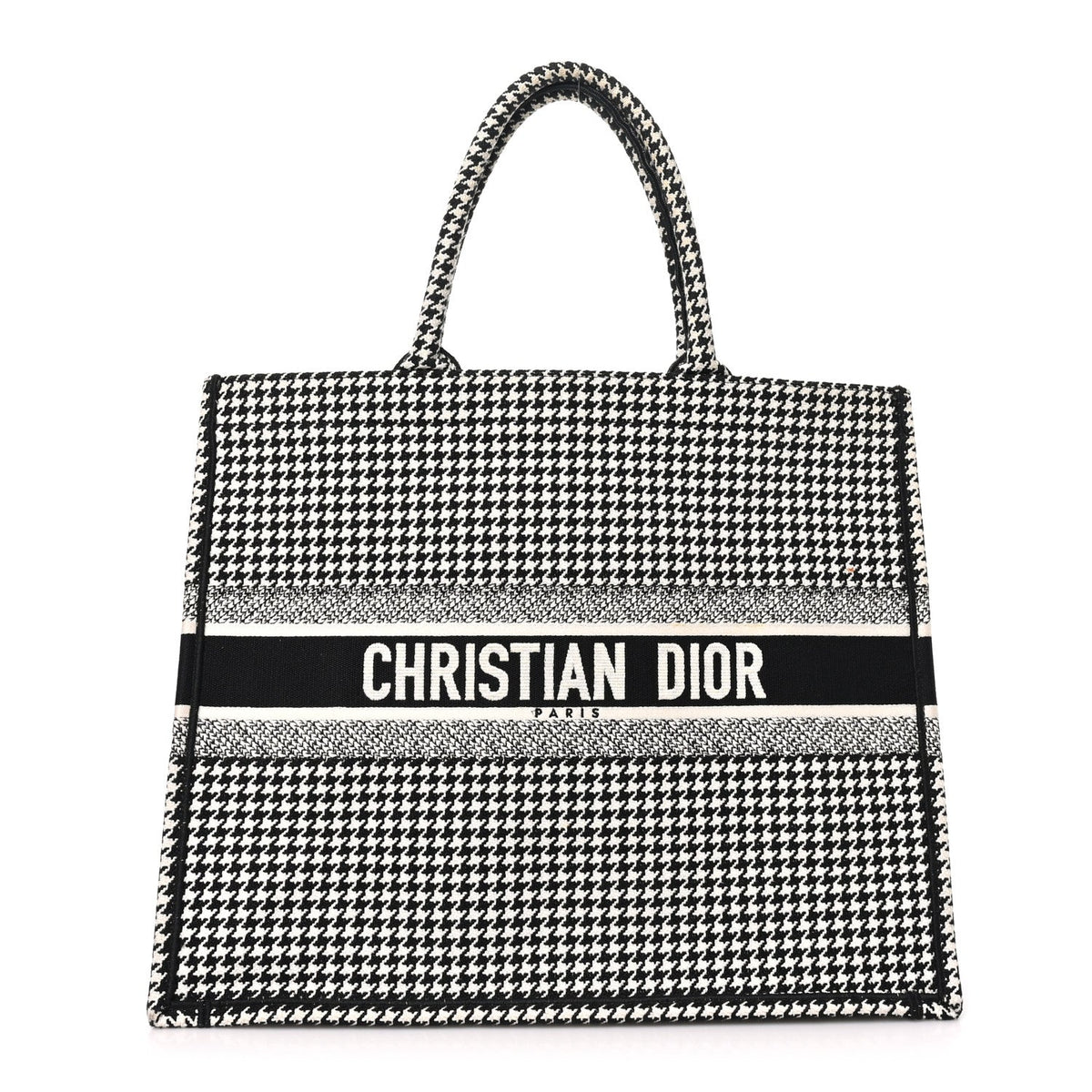 Canvas Houndstooth Embroidered Large Book Tote Black White