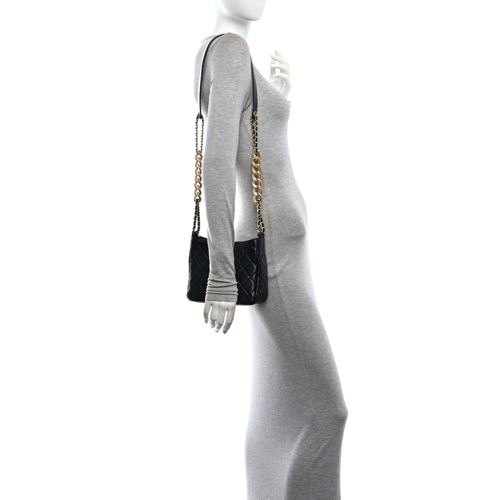 Shiny Lambskin Quilted CC Hobo Black