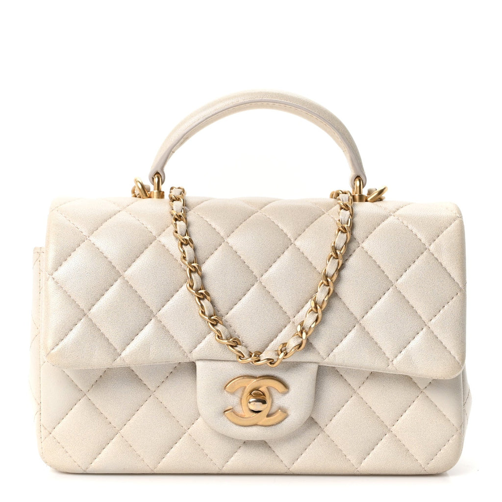 Iridescent Lambskin Quilted Mini Top Handle Rectangular Flap White