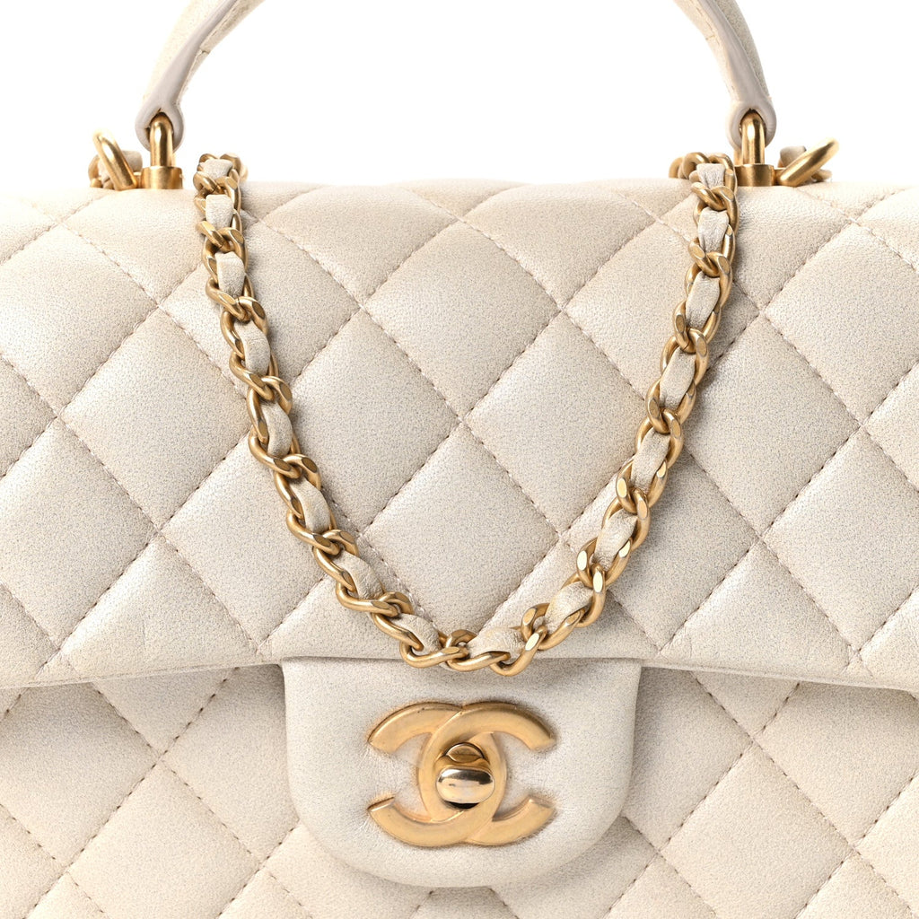 Iridescent Lambskin Quilted Mini Top Handle Rectangular Flap White