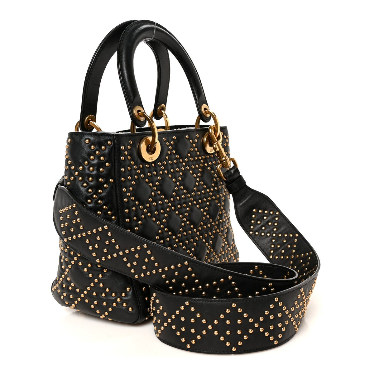 Calfskin Cannage Studded Medium Supple Lady Dior Black