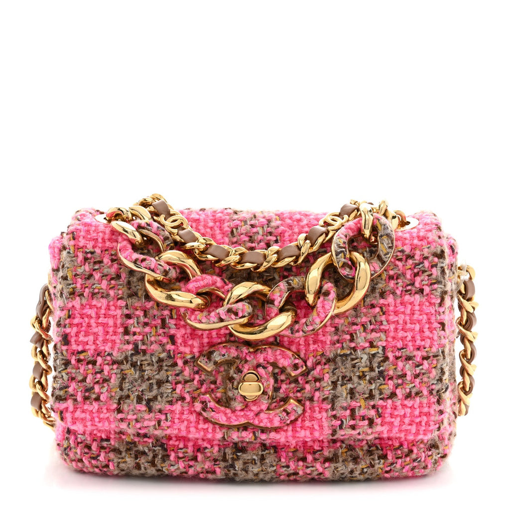 Wool Tweed Quilted Small Elegant Chain Flap Pink Brown