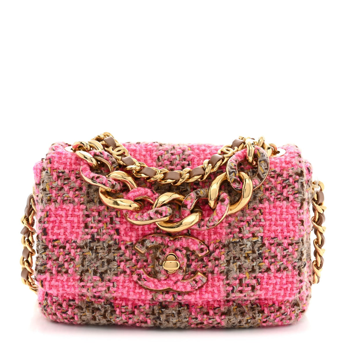 Wool Tweed Quilted Small Elegant Chain Flap Pink Brown