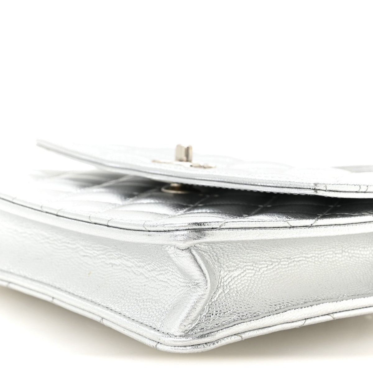 Metallic Caviar Quilted Top Handle Wallet on Chain WOC Silver