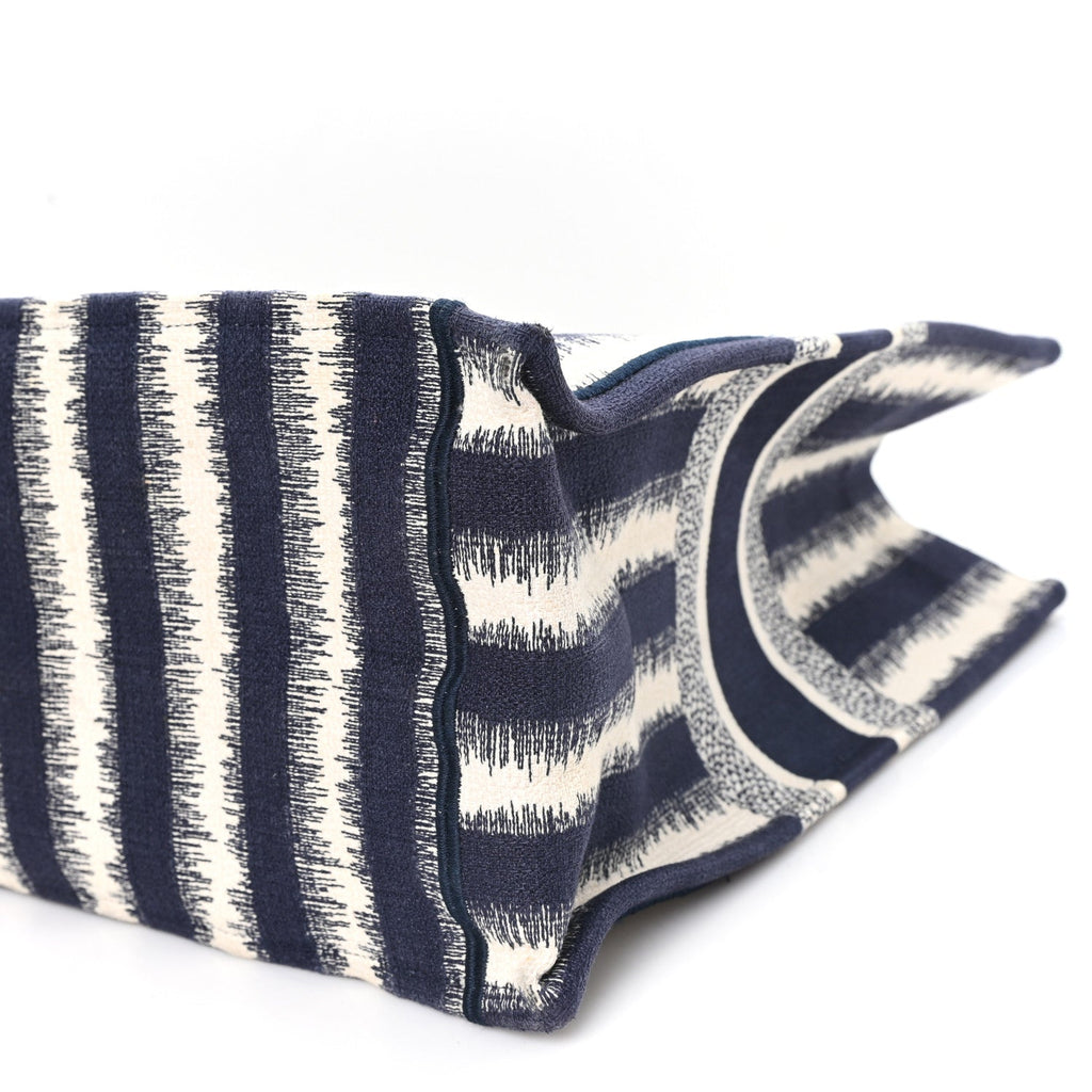 Canvas Embroidered Large Striped Book Tote Navy