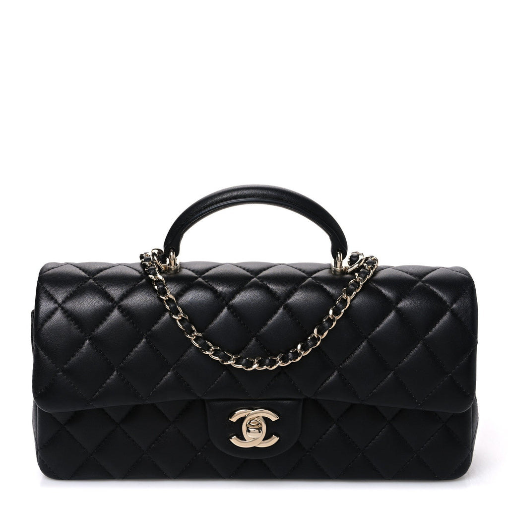 Lambskin Quilted Top Handle East West Flap Black