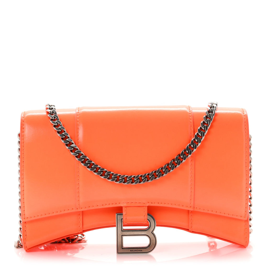 Shiny Box Calfskin XS Hourglass Wallet On Chain Fluo Orange