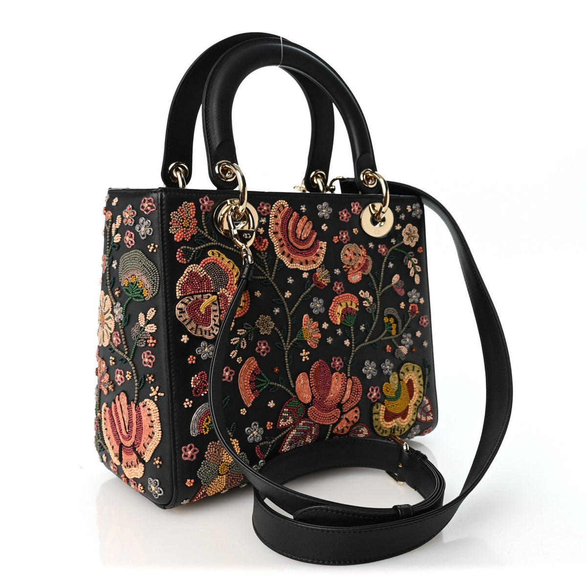 Smooth Calfskin Embroidered Beaded Floral Medium Lady Dior Black Multicolor