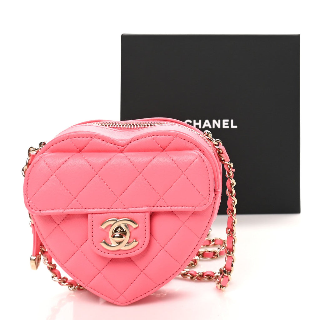 Lambskin Quilted CC In Love Heart Clutch With Chain Pink
