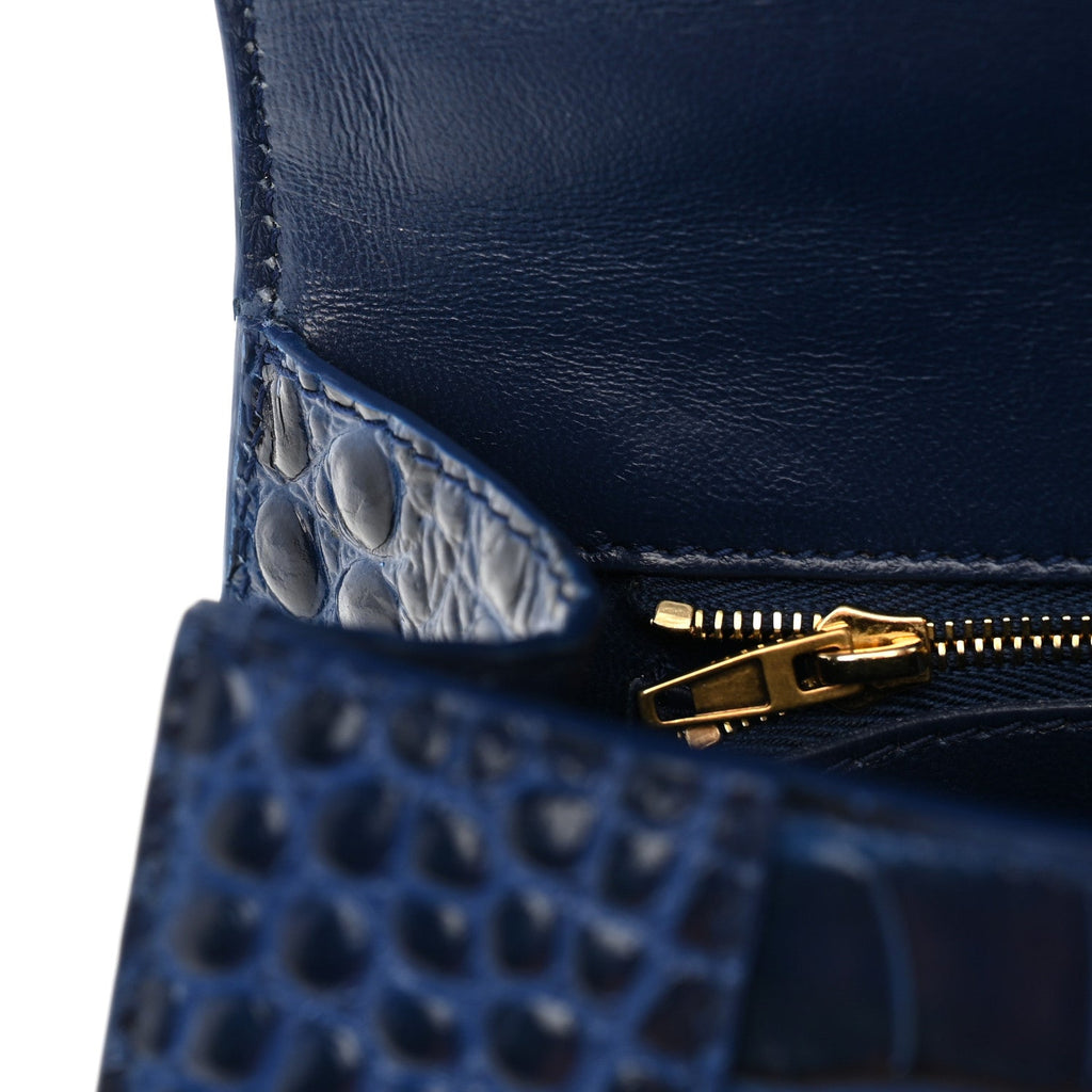 Shiny Calfskin Crocodile Embossed Small Hourglass Top Handle Bag Navy