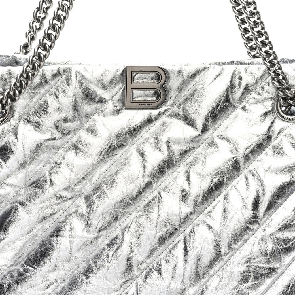Metallic Crushed Calfskin Quilted Medium Crush Carry All Tote Bag Silver