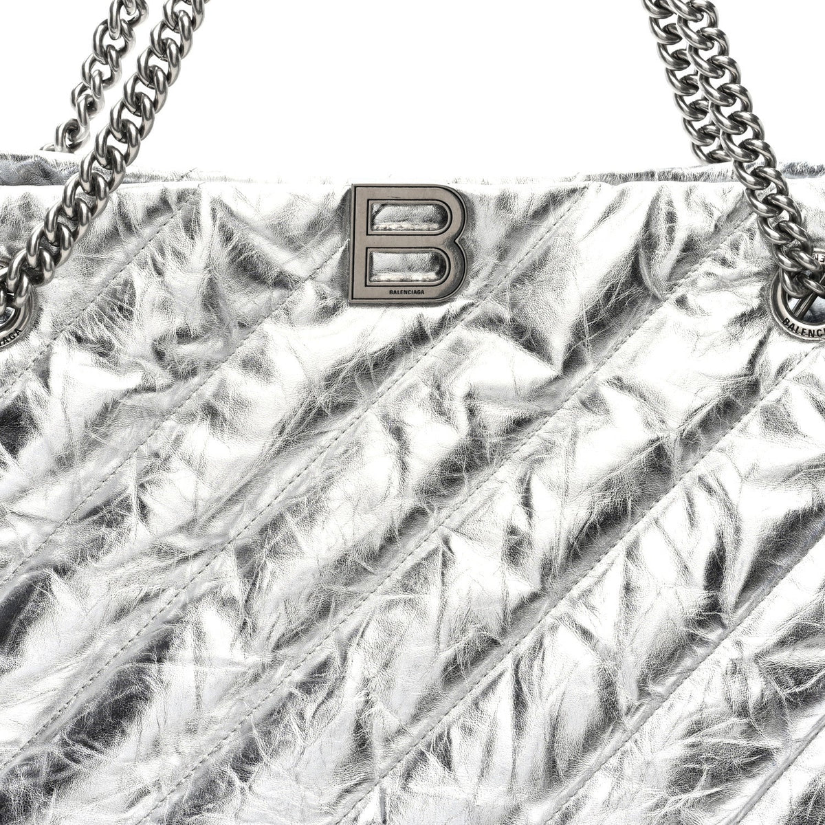 Metallic Crushed Calfskin Quilted Medium Crush Carry All Tote Bag Silver