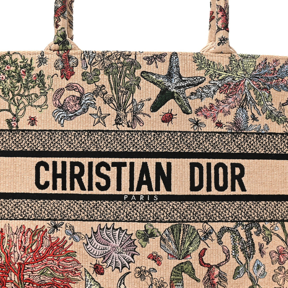 Canvas Embroidered Sea Print Medium Book Tote Beige Multicolor