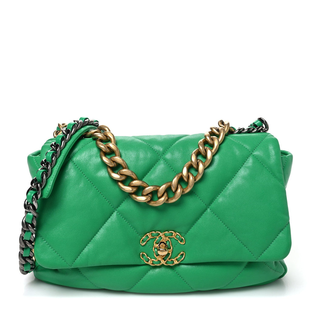 Goatskin Quilted Large Chanel 19 Flap Green