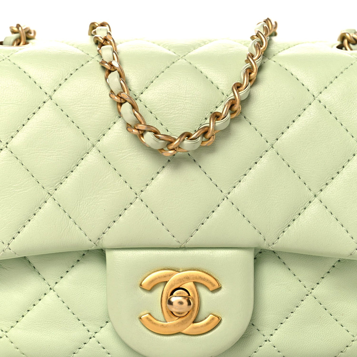 Lambskin Quilted Mini Pearl Crush Flap Light Green