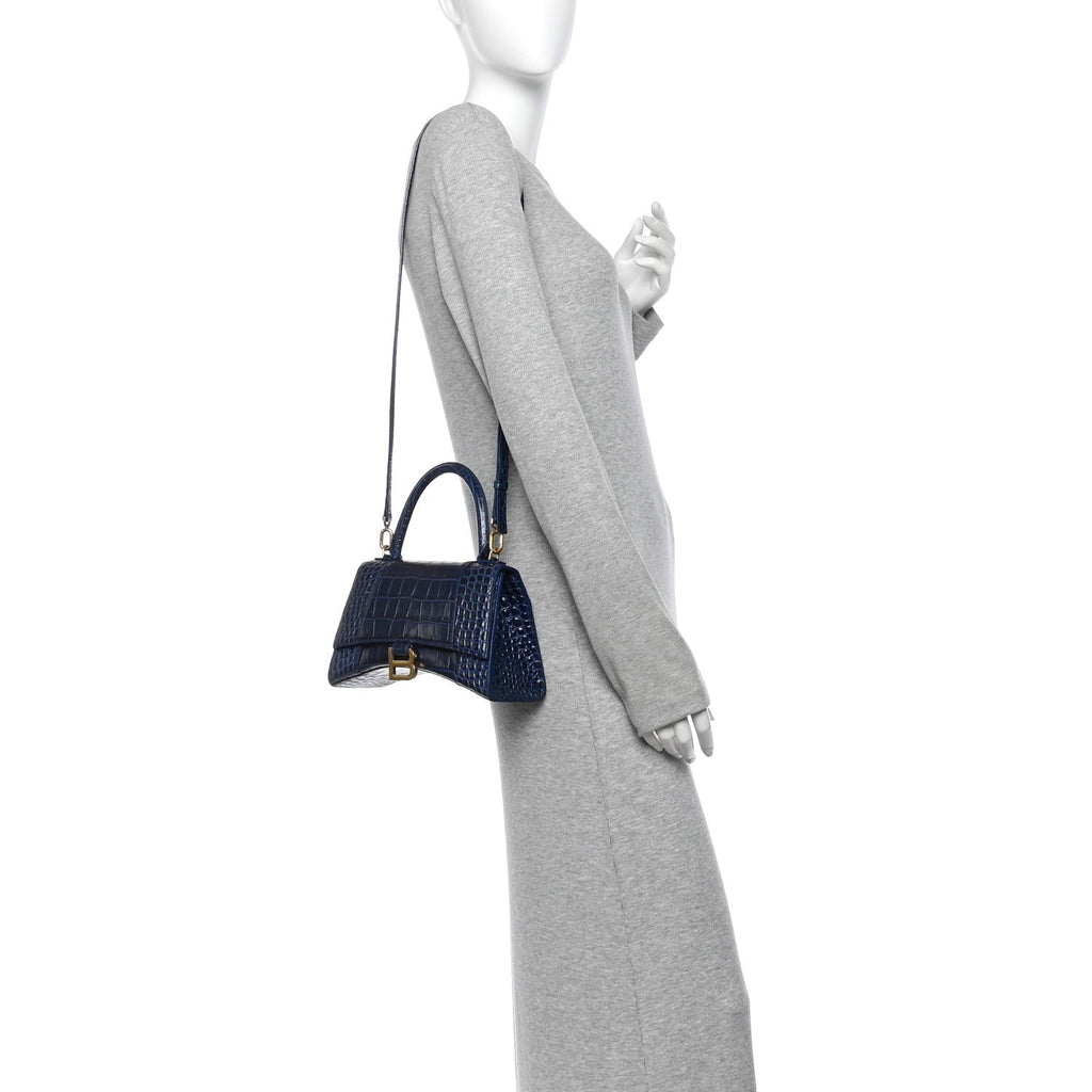 Shiny Calfskin Crocodile Embossed Small Hourglass Top Handle Bag Navy