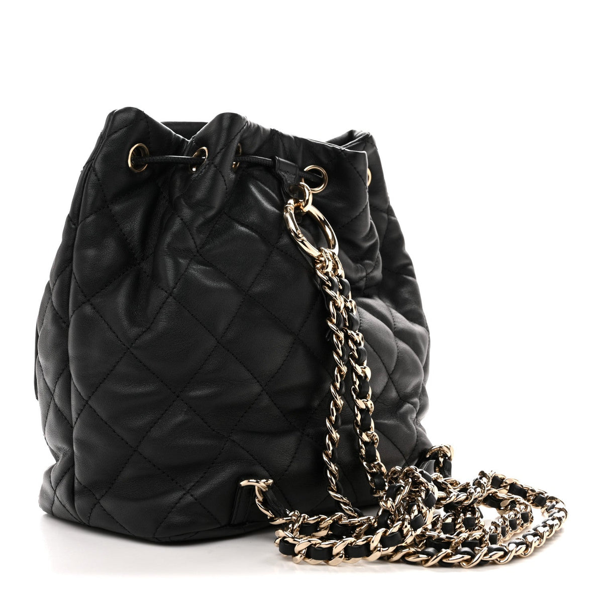 Calfskin Quilted Double Pocket Drawstring Backpack Black