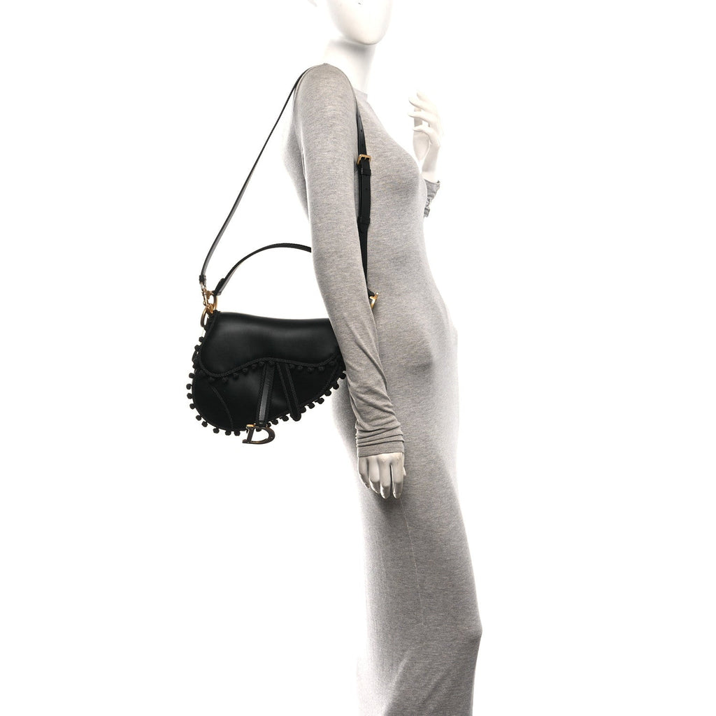 Calfskin Pom Pom Saddle Bag Black